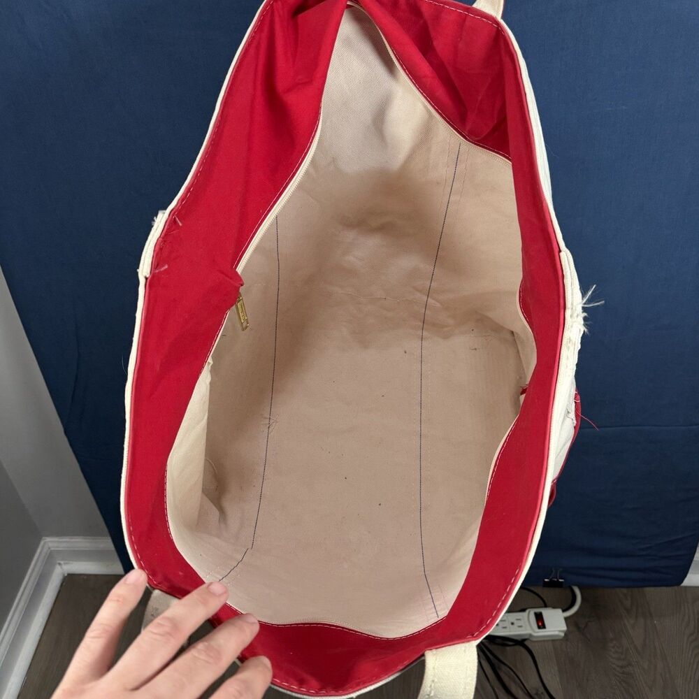 LL Bean Boat and Tote Red Trim White Canvas Tote Bag XL Zipper Top USA Made - Picture 8 of 10